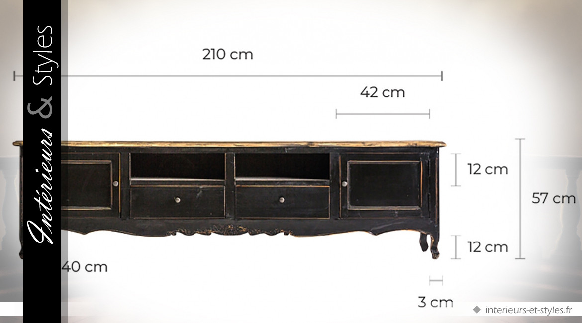 Meuble TV de style classique patine noire avec plateau bois naturel oxydé 210 cm