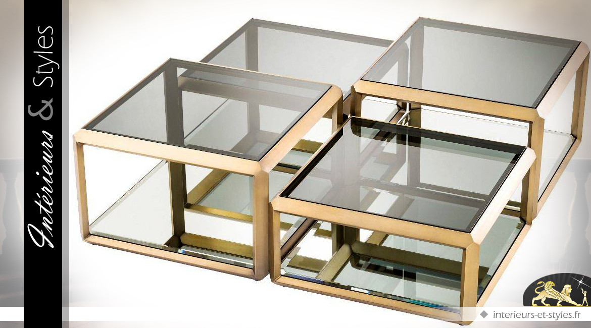 Set de 4 tables basses finition laiton doré verre fumé et miroir