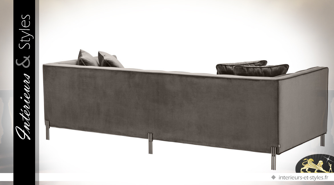 Canapé matelassé en velours soyeux gris 3 places design Eichholtz 231 cm