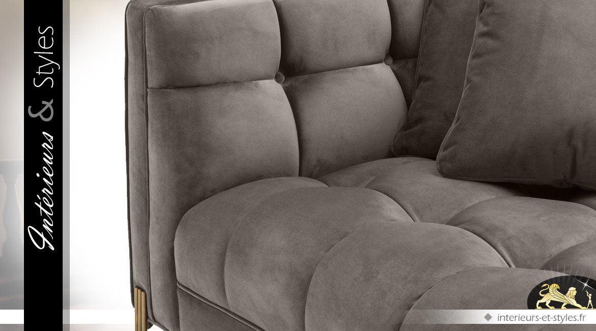 Canapé matelassé en velours soyeux gris 3 places design Eichholtz 231 cm