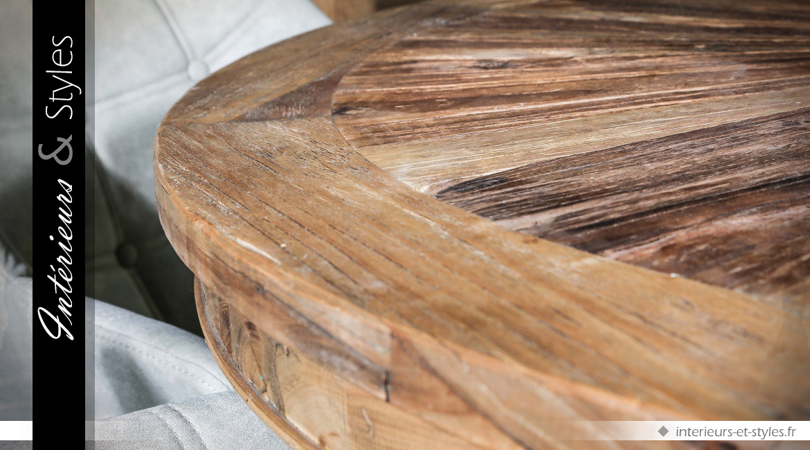 Grande table ronde rustique en orme recyclé avec pied central en balustre Ø 135 cm