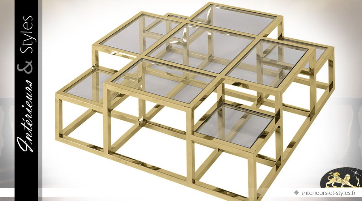 Table basse design multi-niveaux et multi-plateaux inox poli doré brillant 120 x 120 cm