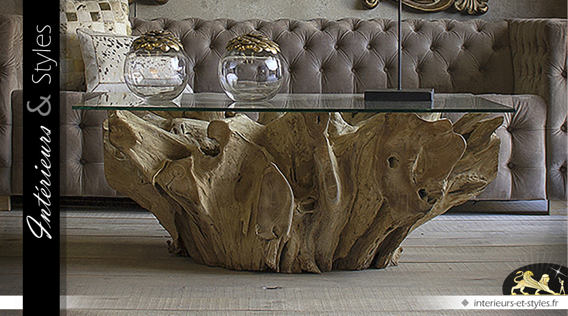 Table basse en bois massif de racine de teck (130 x 85 cm) 160 kg