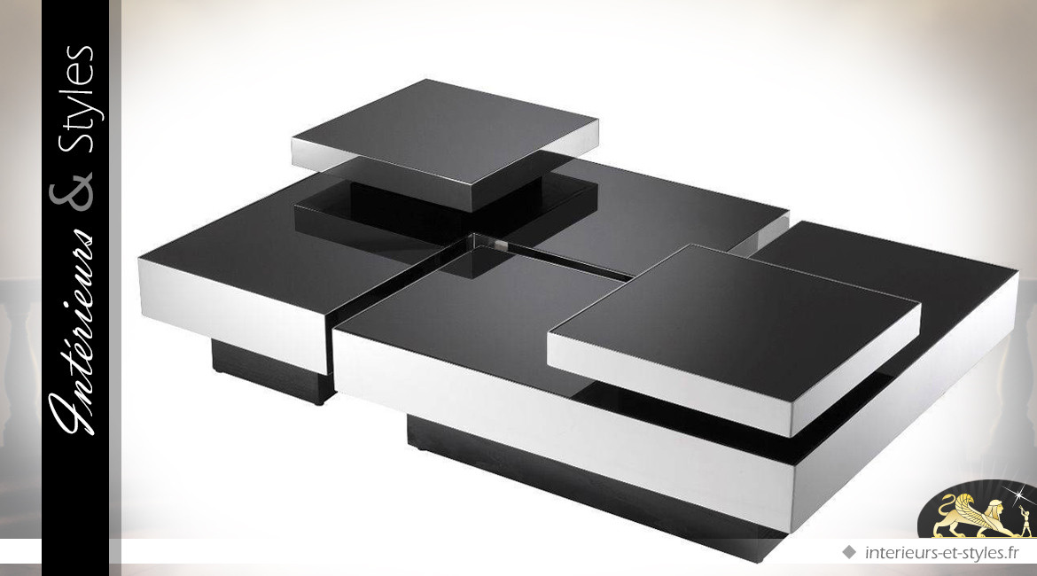 Table basse ultra-design modulaire noir et argent (4 éléments)
