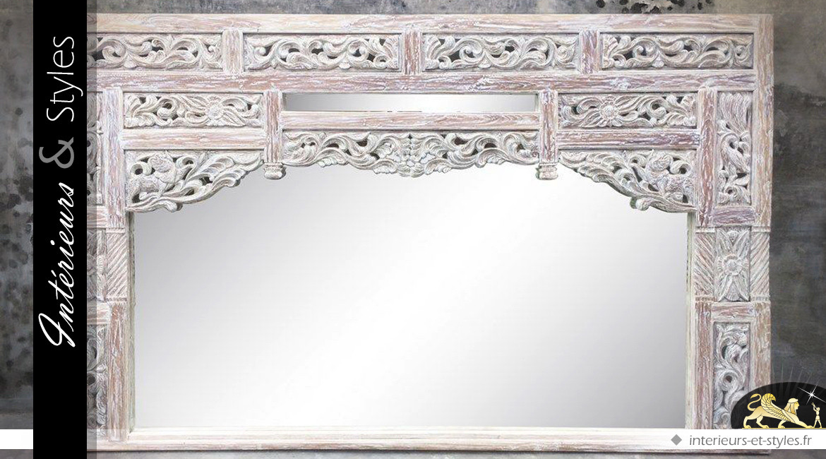 Miroir oriental monumental 236 x 141 cm en teck sculpté à la main