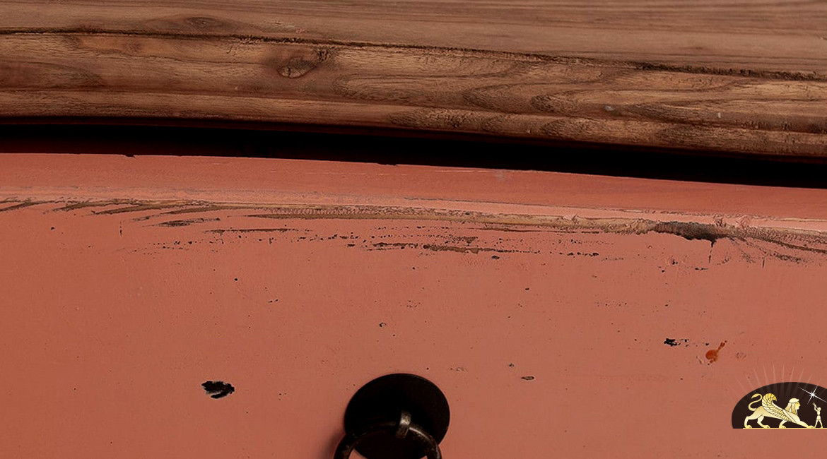 Grande commode de style rétro à 3 tiroirs patine rouge capucine 150 cm