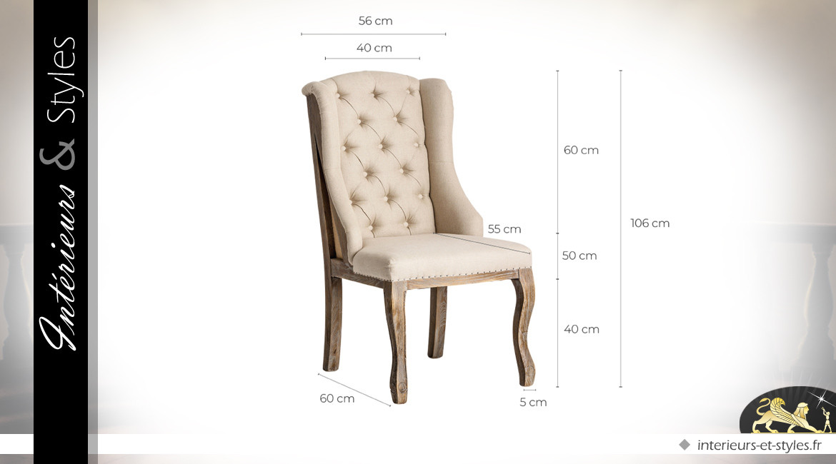 Grand fauteuil de style campagne chic finition lin écru, pieds galbés naturel blanchi, 106cm