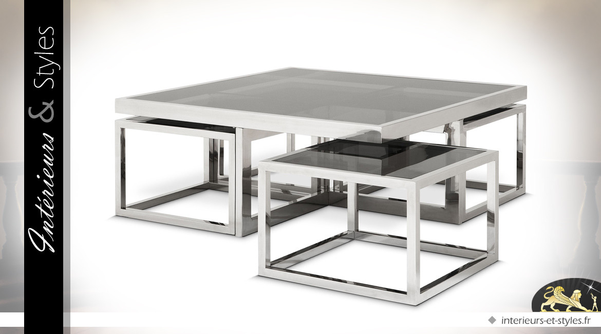 Ensemble de 5 tables basses design métal argenté et verre noir
