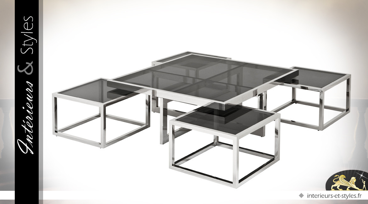 Ensemble de 5 tables basses design métal argenté et verre noir