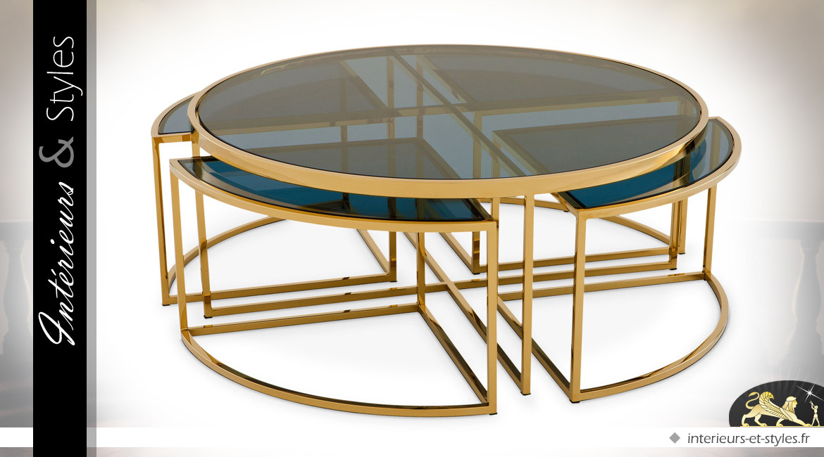 Ensemble de 5 tables basse design métal poli doré