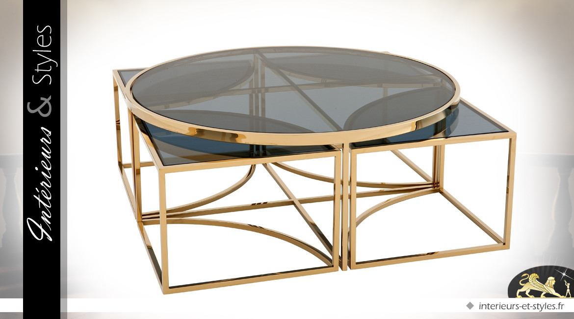 Ensemble de 5 tables basse design métal poli doré