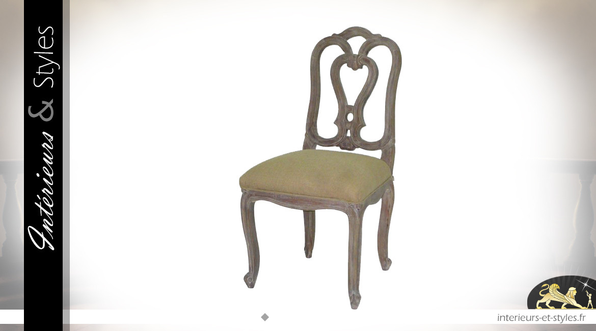 Chaise de salle à manger en bois sculpté cérusé blanc, assise en coton lin foncé