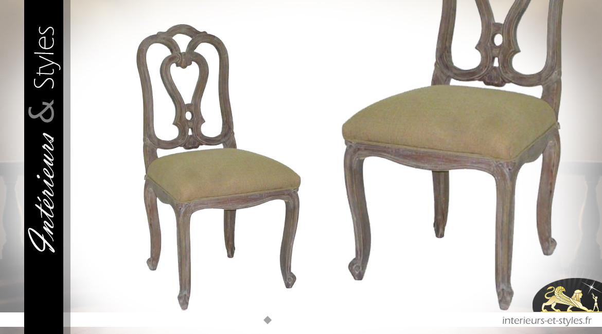 Chaise de salle à manger en bois sculpté cérusé blanc, assise en coton lin foncé