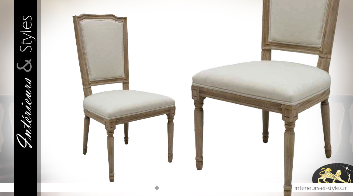 Chaise de salle à manger en bois blanchi, assise en coton finition lin