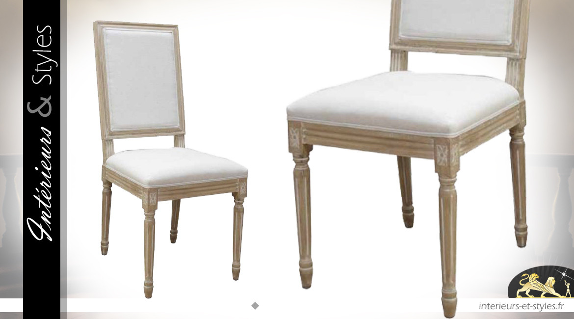 Chaise de salle à manger en bois sculpté finition blanc céruse, revêtement coton épais clair