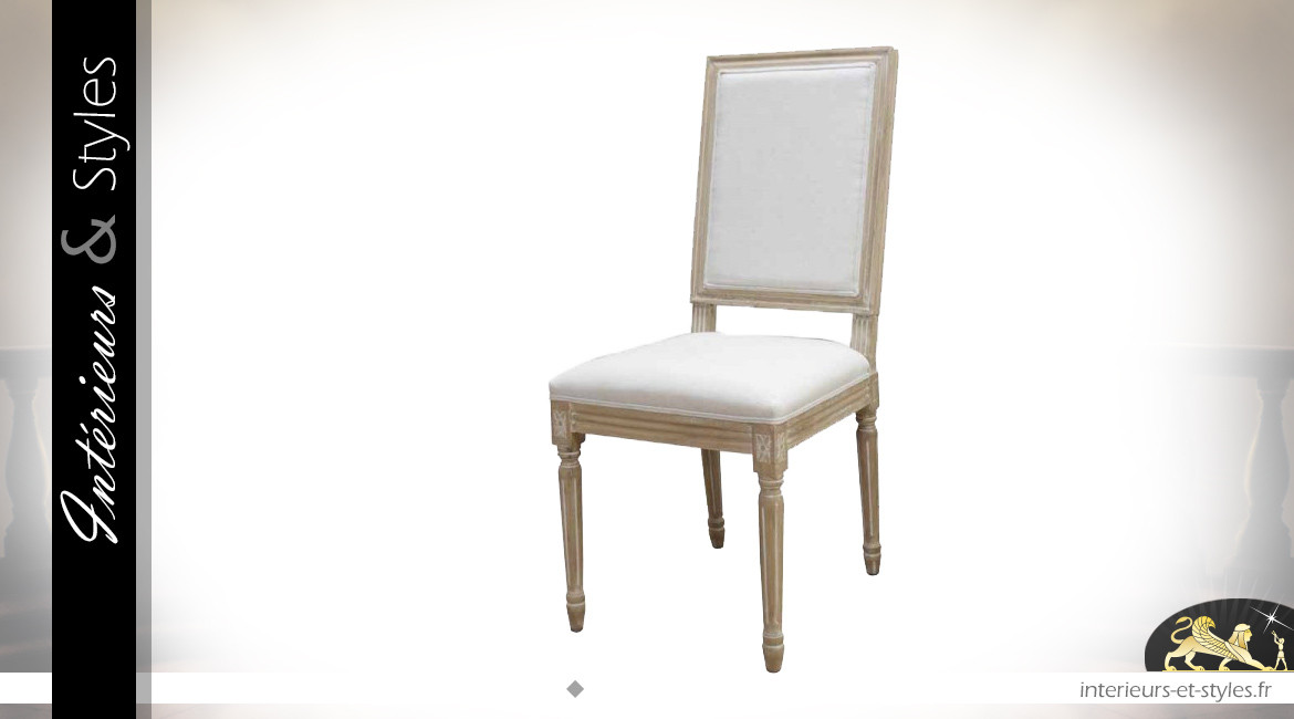 Chaise de salle à manger en bois sculpté finition blanc céruse, revêtement coton épais clair