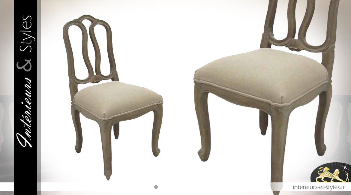 Chaise de salle à manger en bois et assise en coton épais finition lin, dossier sculpté