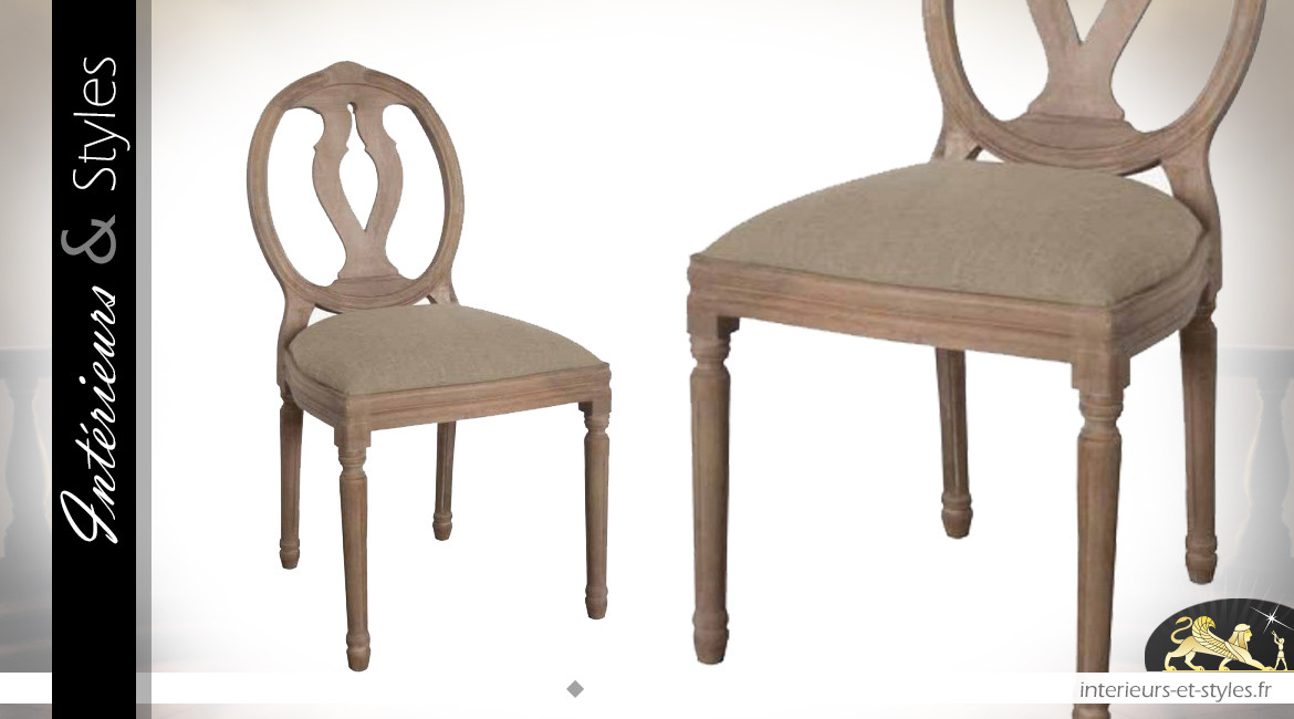 Chaise médaillon en bois sculpté, assise finition lin et dossier arrondi
