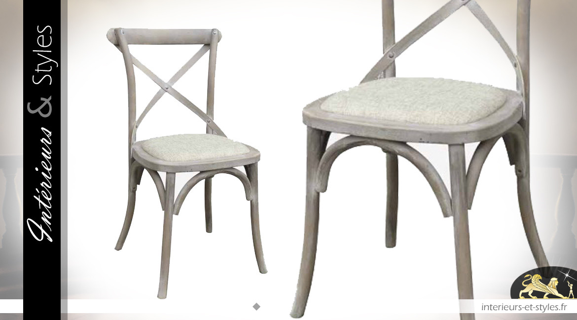 Chaise de bistrot en bois et métal, dossier croisé et assise en toile de lin, finition blanchie