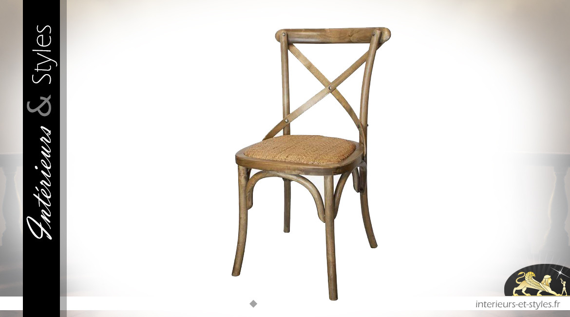 Chaise de bistrot inspirée Thonet, en bois et métal, assise en toile de lin, finition naturelle