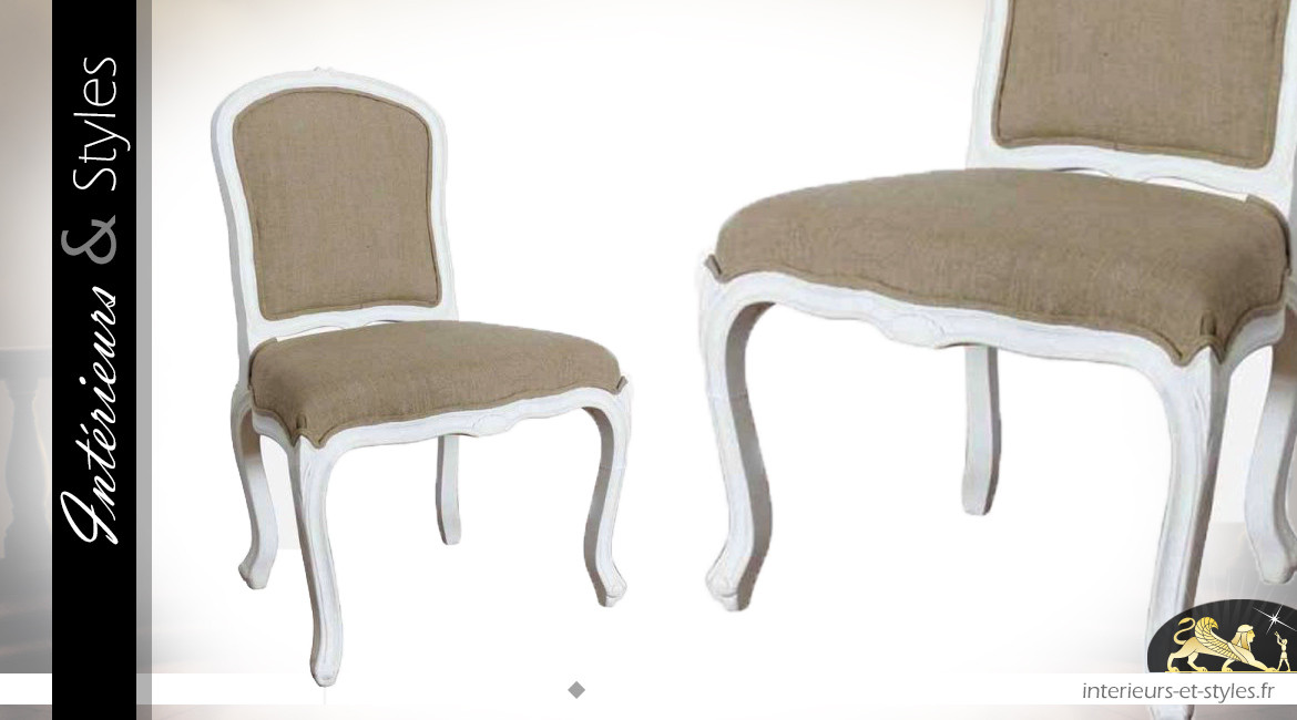 Chaise de salle à manger en bois patiné blanc et assise moelleuse effet lin foncé