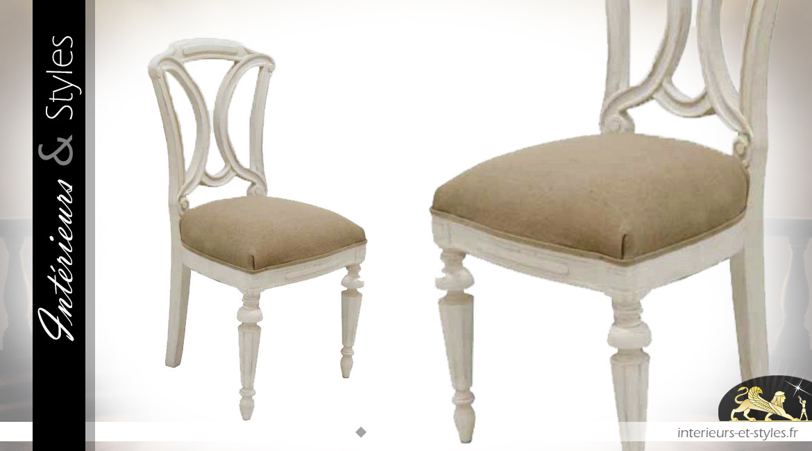 Chaise d'appoint en bois finition décapé blanc, dossier sculpté et assise effet lin clair