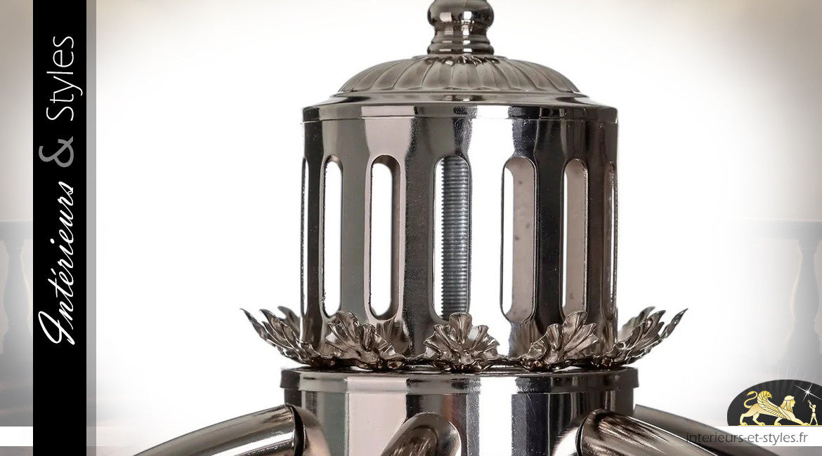 Grande lampe à poser sphérique en métal finition chromé argenté, ambiance classique, 90 cm