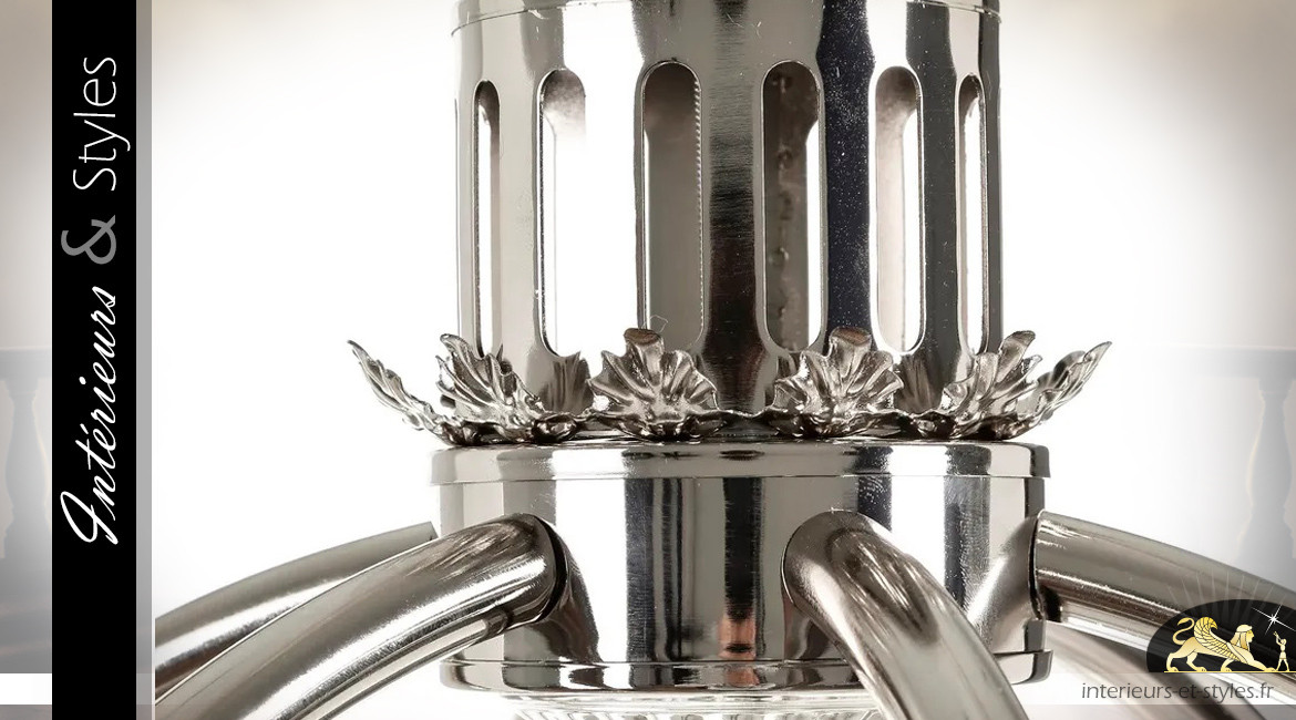 Grand lampadaire en métal chromé argenté, forme de sphère sur pied, ambiance classique, 170cm