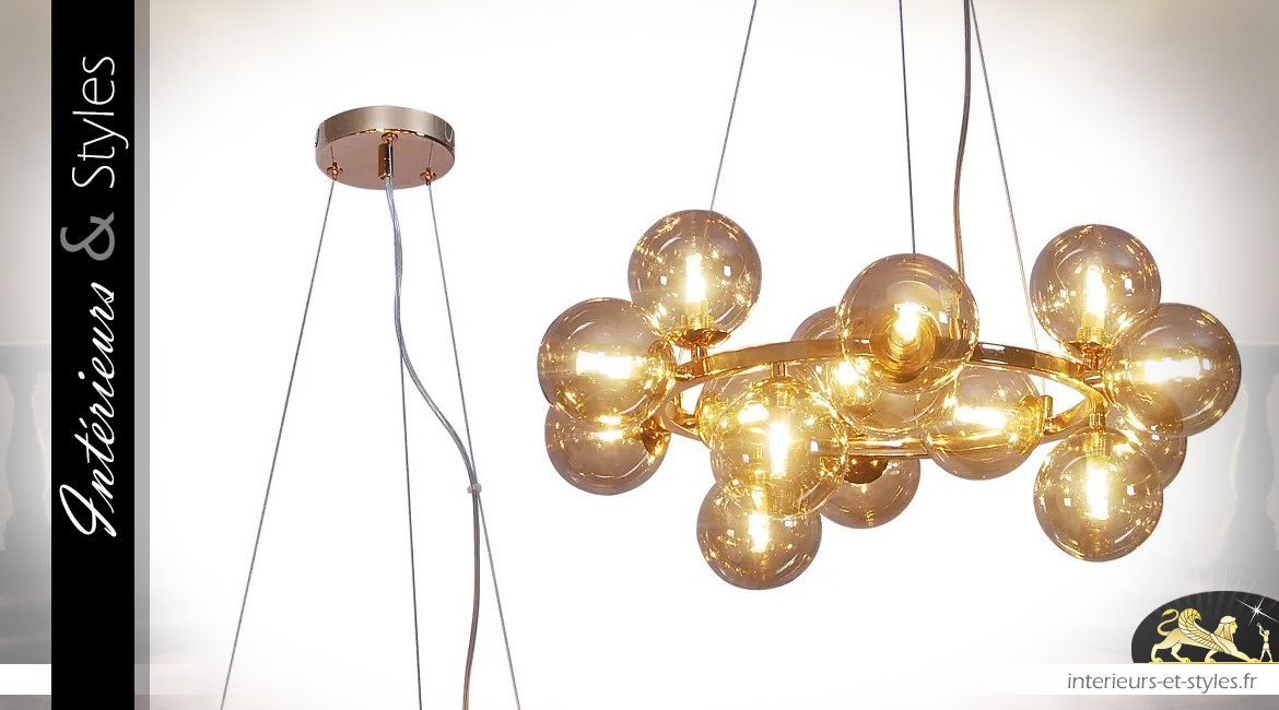 Lustre en métal doré et globes de verre, 15 feux, ambiance Art Déco, Ø58cm