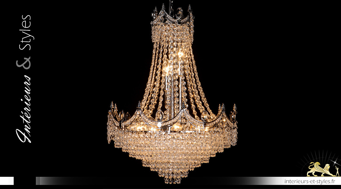 Lustre Montgolfière 12 feux, Ø50cm, en métal chromé argent et verre, couronne de lumière