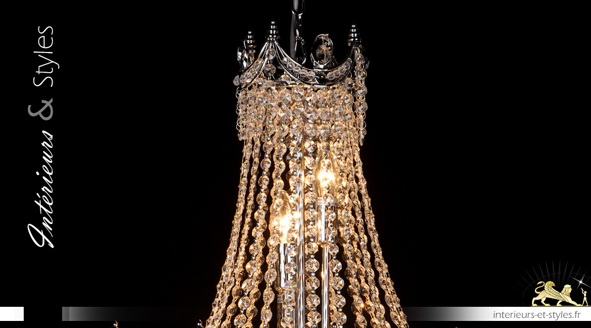 Lustre Montgolfière 12 feux, Ø50cm, en métal chromé argent et verre, couronne de lumière