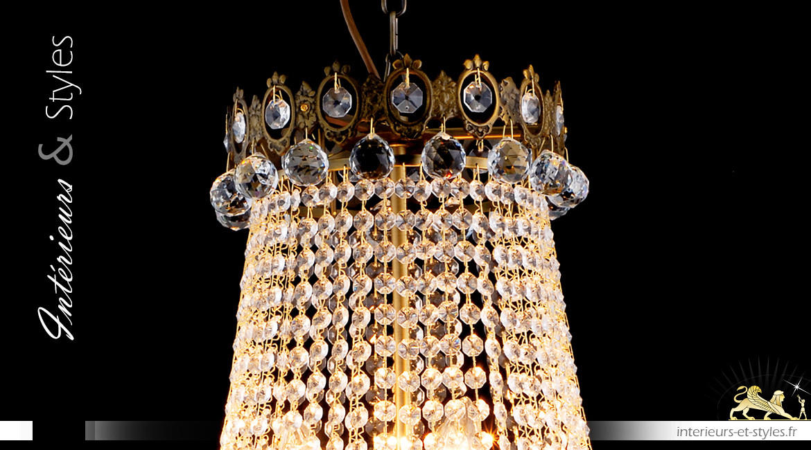 Lustre Montgolfière 12 feux, Ø60cm, finition bronze et pendeloques de verre transparent