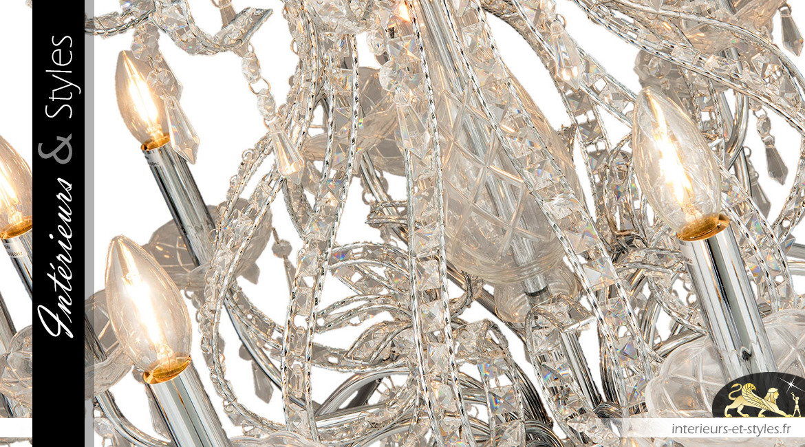 Lustre à pampilles Marie-Thérèse de Ø85cm / 18 feux, en métal chromé argent et verre ciselé transparent