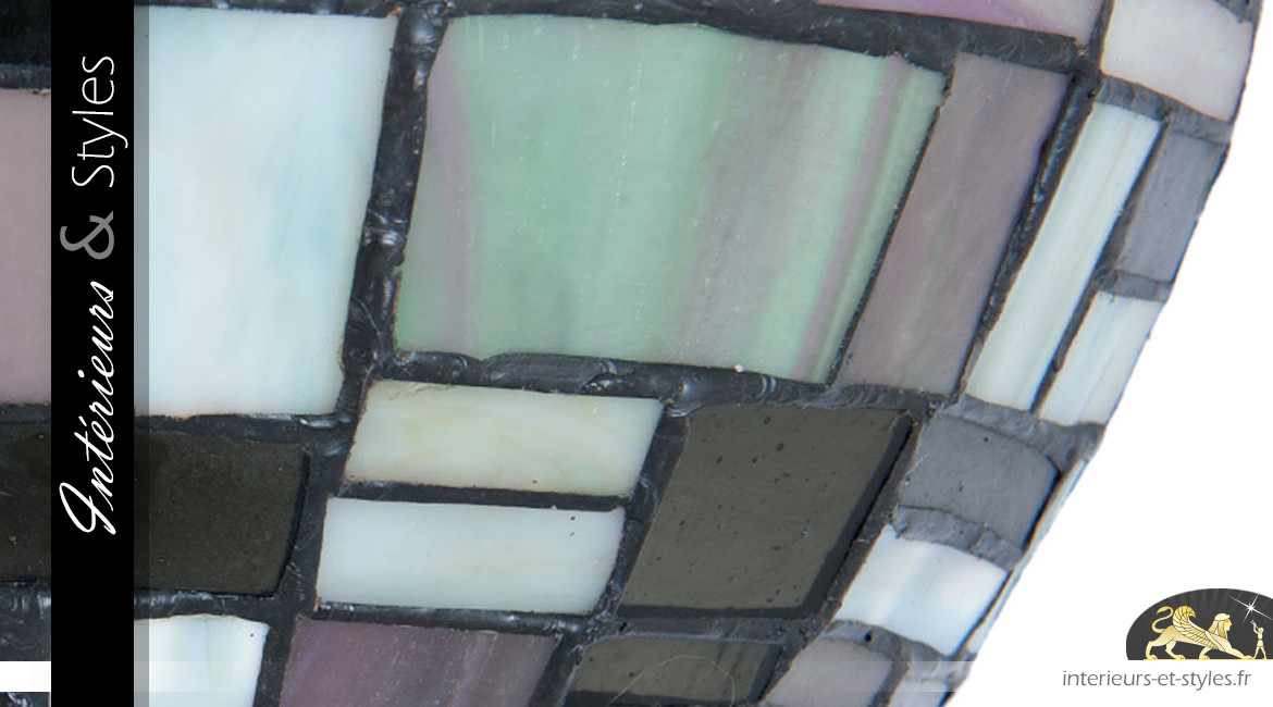 Applique murale Tiffany arrondie esprit Mondrian, en verre et soudures à l'étain, couleurs froides, 30cm
