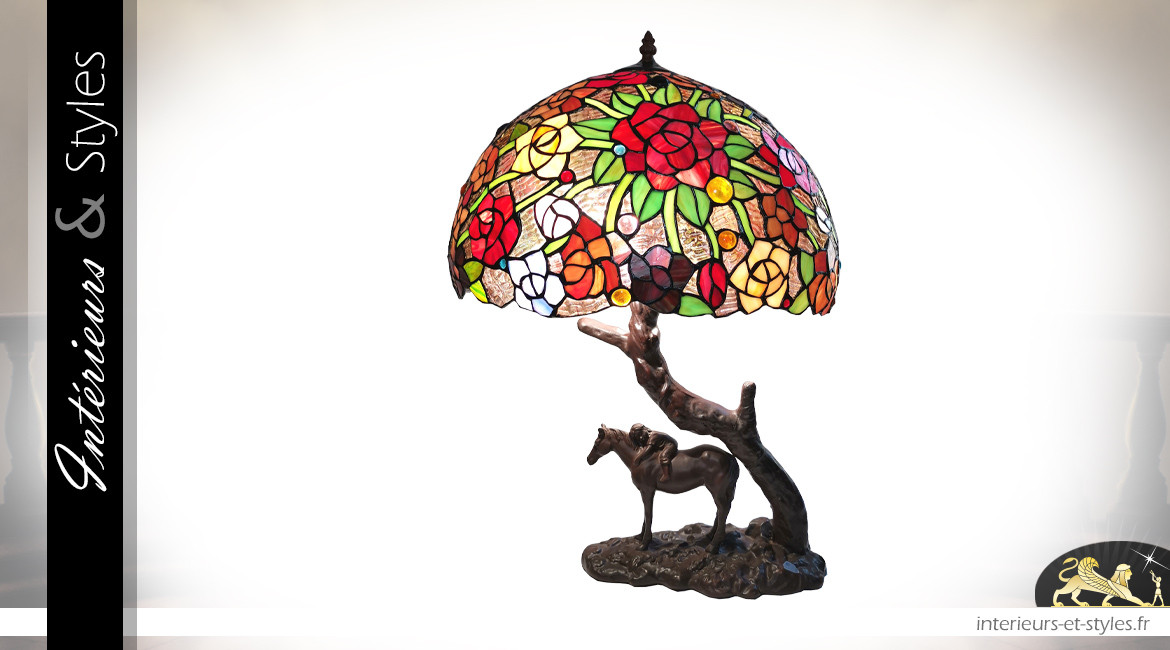 Lampe Tiffany Arbre de lumière, Ø43cm, sculpture du Cheval et L'enfant, 58cm