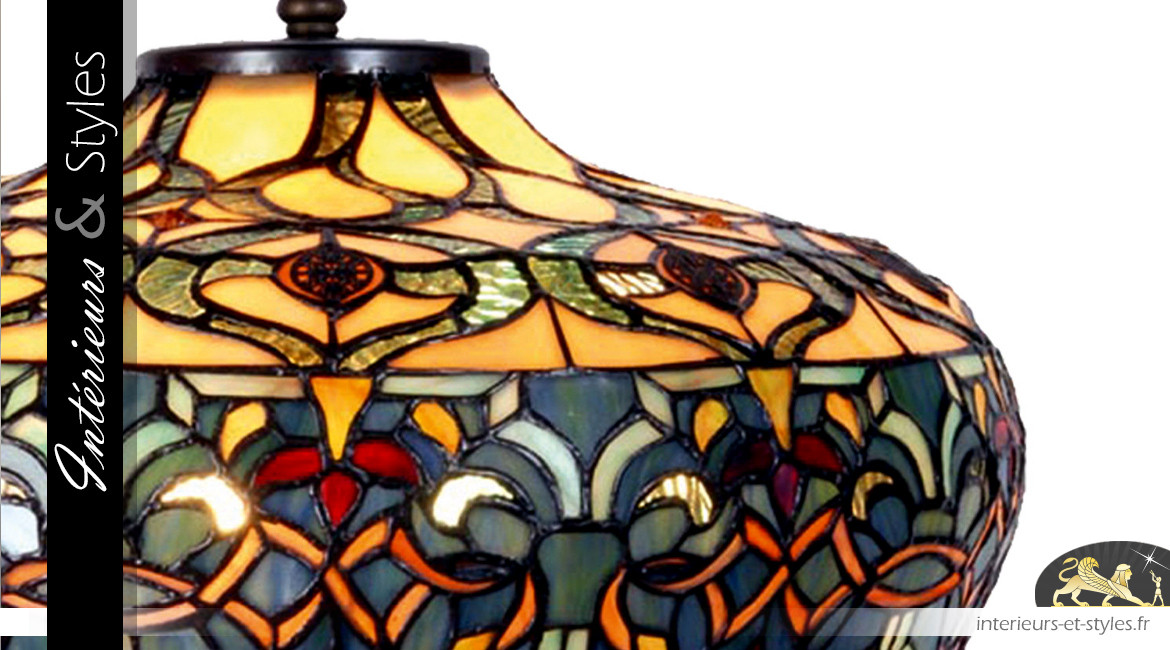 Lampe Tiffany Ø47cm / 71 cm, en métal - marbre et verre, forme de cloche colorée à deux feux