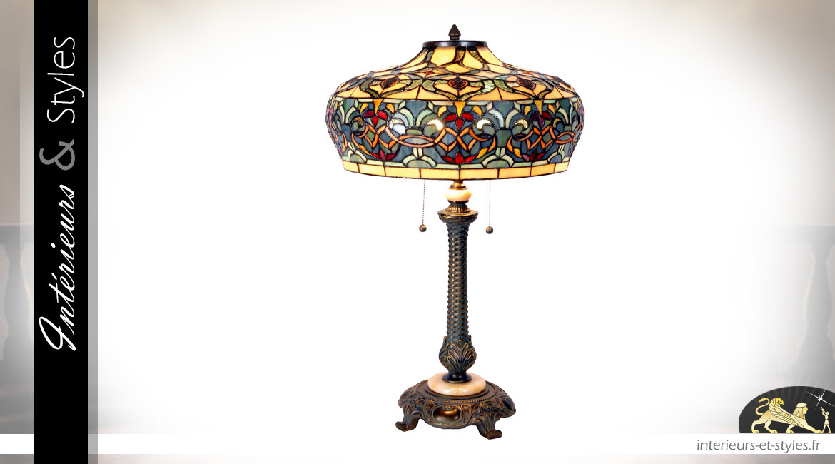 Lampe Tiffany Ø47cm / 71 cm, en métal - marbre et verre, forme de cloche colorée à deux feux