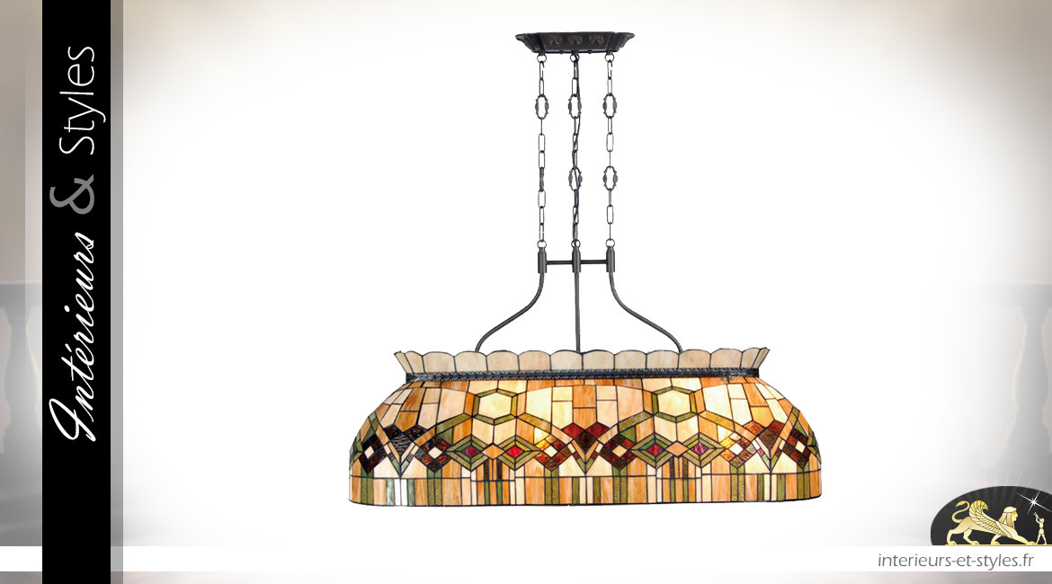Lampe de billard Tiffany de 115 cm, modèle Majesty 1950 avec collerette de verre, 4 feux