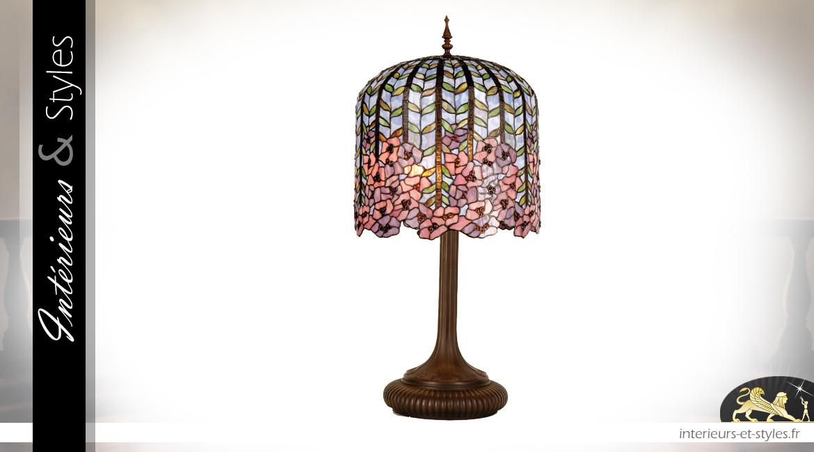 Grande lampe Tiffany Les glycines Ø40 cm / 84 cm, forme de cloche fleurie, esprit reproduction ancien modèle
