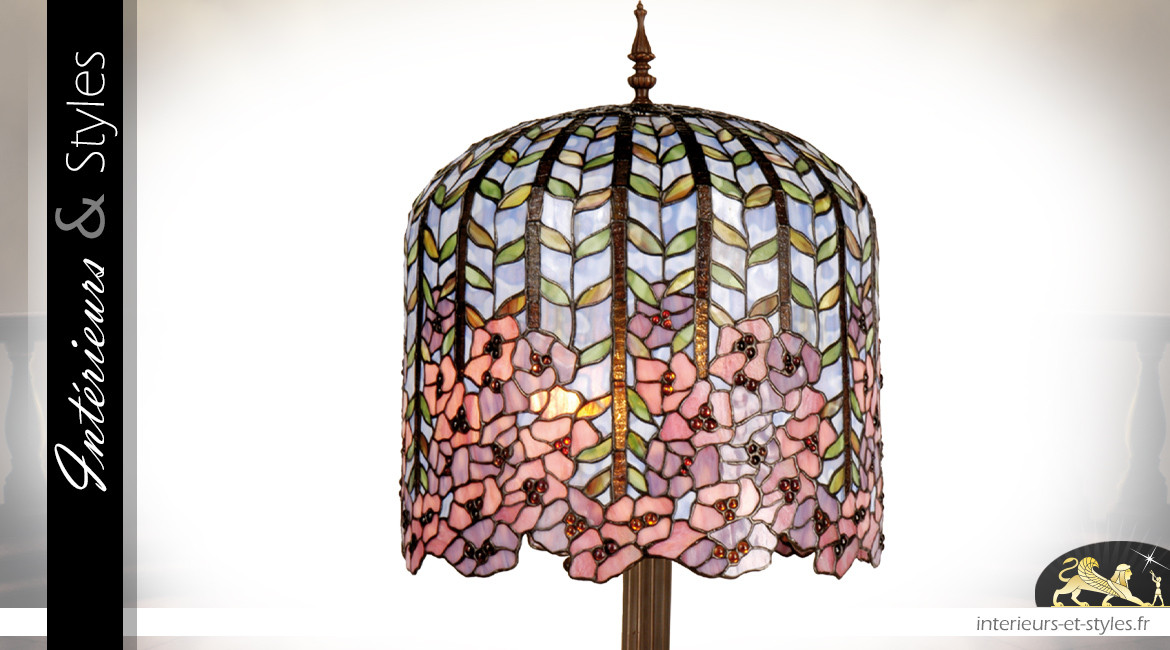 Grande lampe Tiffany Les glycines Ø40 cm / 84 cm, forme de cloche fleurie, esprit reproduction ancien modèle