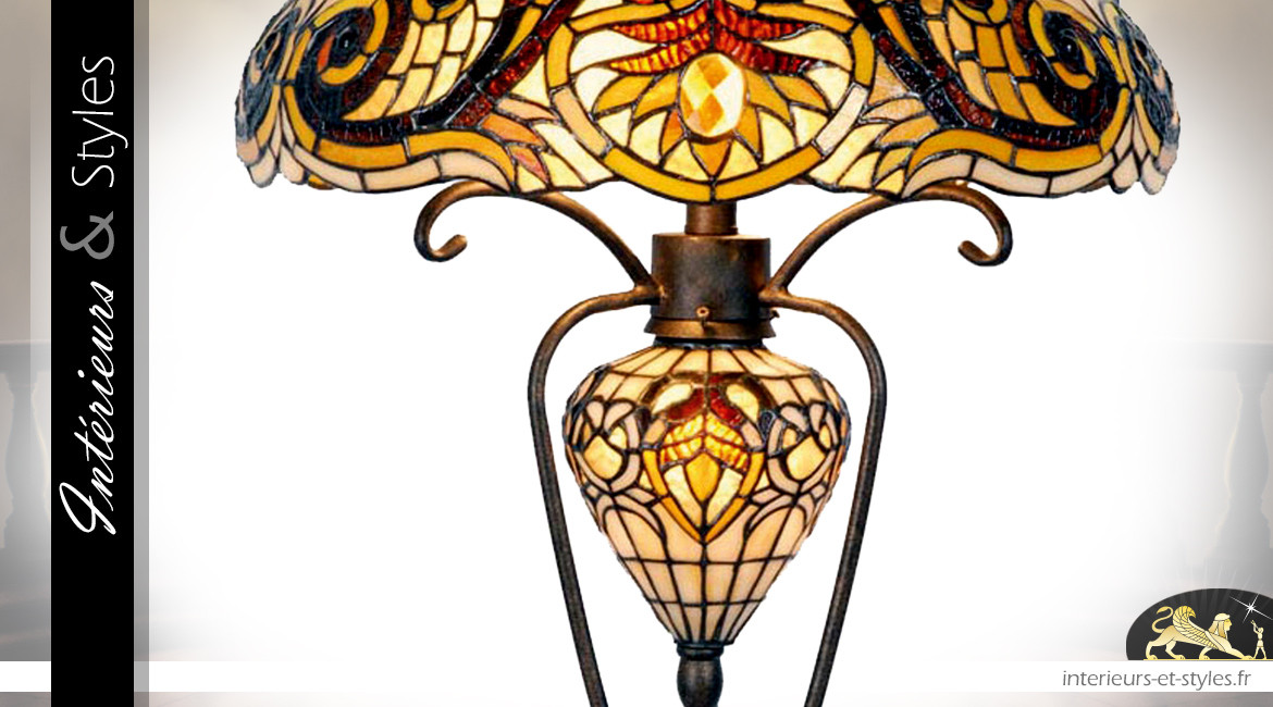 Lampe Tiffany Ø46 cm / 76 cm, modèle Poison Mortel à trois feux et aux fleurs d'hibiscus de verre