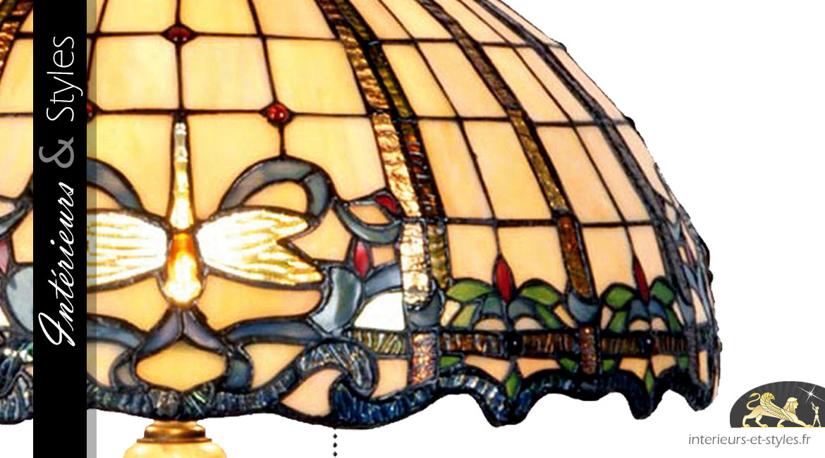 Grande lampe Tiffany de Ø50cm / 80cm, pied en métal finition vieux bronze et libellules dorées