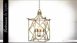 Suspension lanterne Art Déco en laiton doré effet tiges de bambou 74 cm