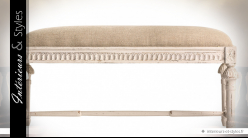 Bout de lit Chambord patine blanche vieillie et tapisserie en lin écru 100 cm