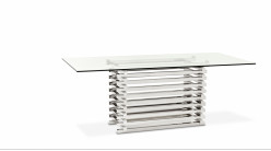 Table de salle à manger design Destro signée Eichholtz, en acier chromé argent et plateau en verre épais