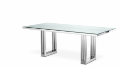 Table de salle à manger design Garibaldi signée Eichholtz, en acier chromé argent et plateau en verre épais