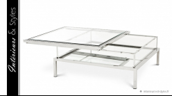 Table basse design Harvey signée Eichholtz, en acier chromé et plateau en verre coulissant