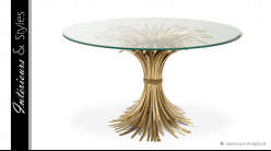 Table de salle à manger design Bonheur signée Eichholtz, base en gerbe de blé et plateau en verre
