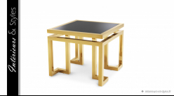 Table d'appoint design Golden Palmer signée Eichholtz, en inox chromé doré et plateau en verre fumé noir