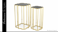 Tables d'appoint design Concentric signées Eichholtz, en acier chromé doré et verre fumé, série de deux pièces
